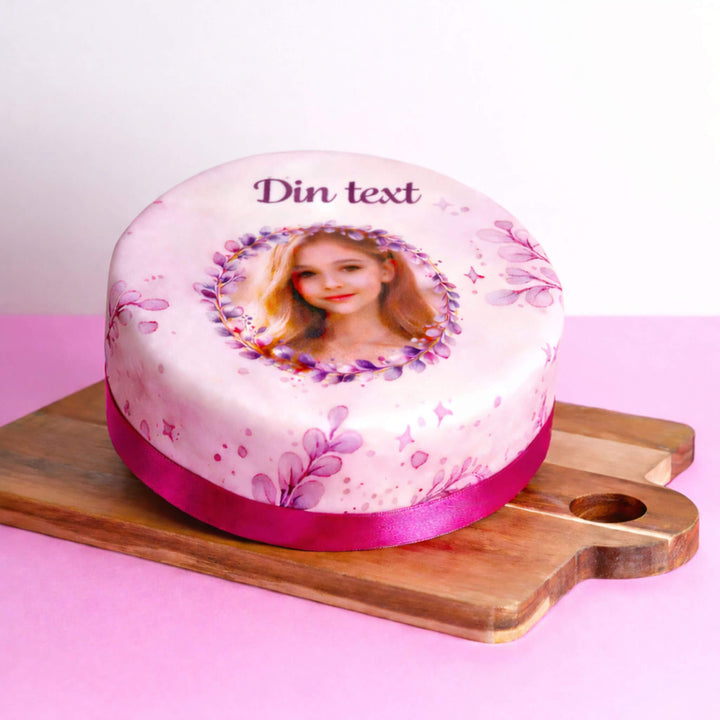 Rosa eukalyptus fototårta med personlig text
