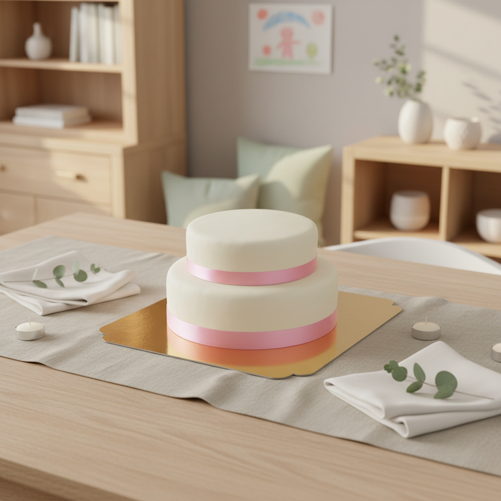 Vit tvåvåningstårta med tårtband