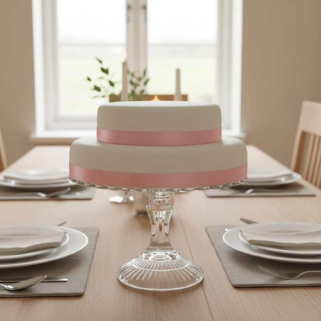 Vit tvåvåningstårta med tårtband