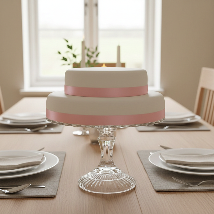 Vit tvåvåningstårta med tårtband