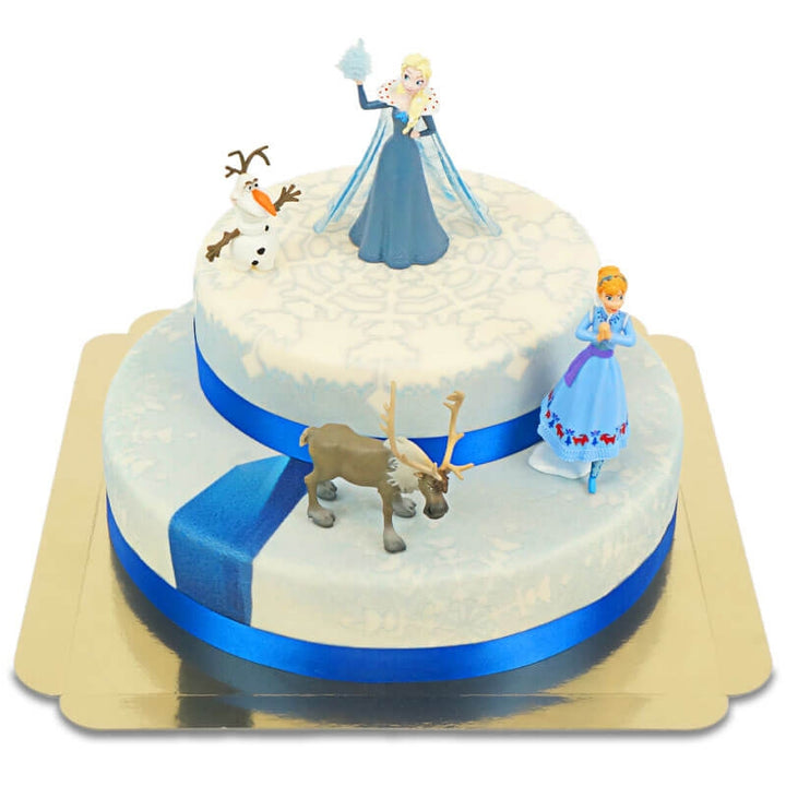 Anna®, Elsa®, Olof® & Sven® från Frost® på tvåvåningstårta