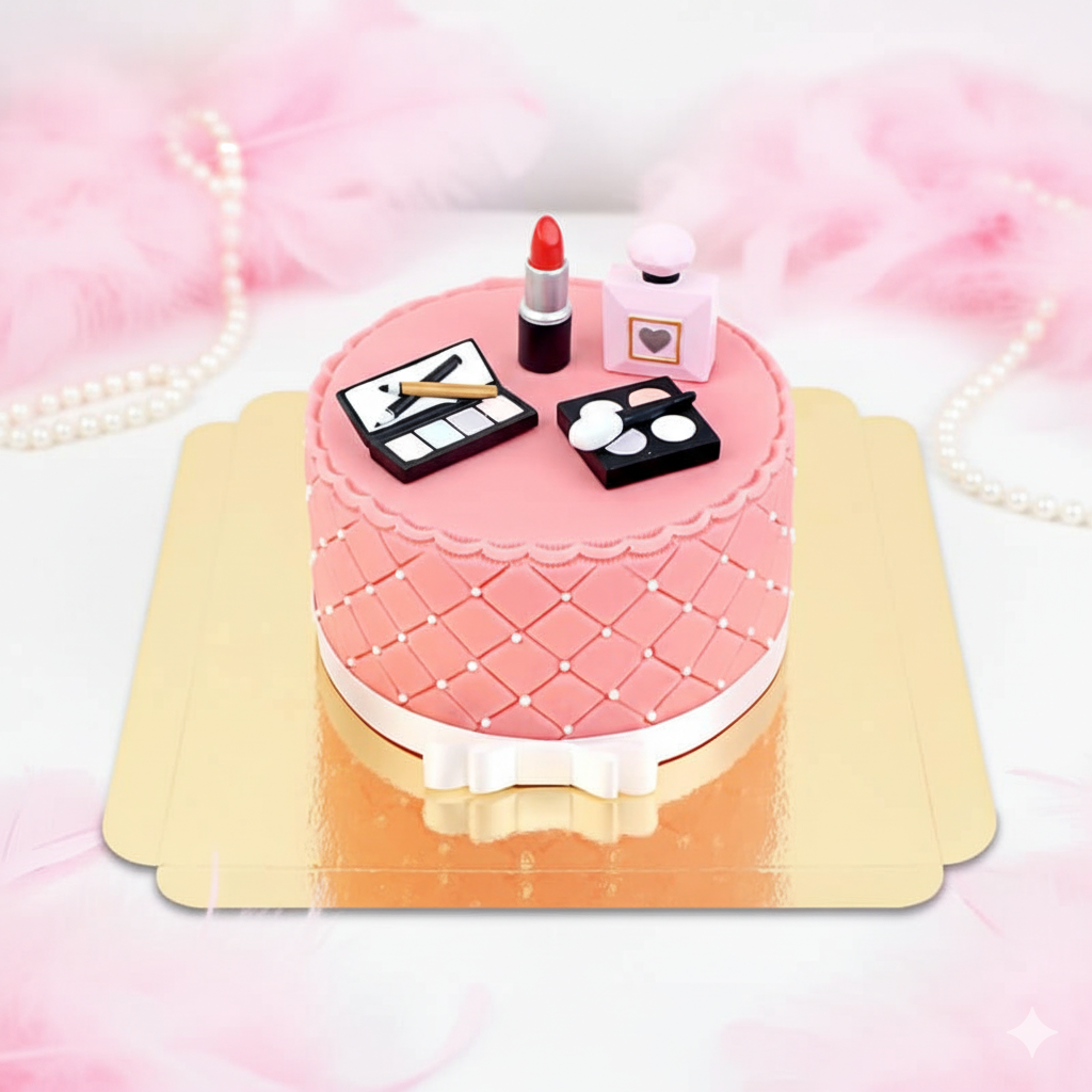 Make Up Torte mit weißem Band und Deko